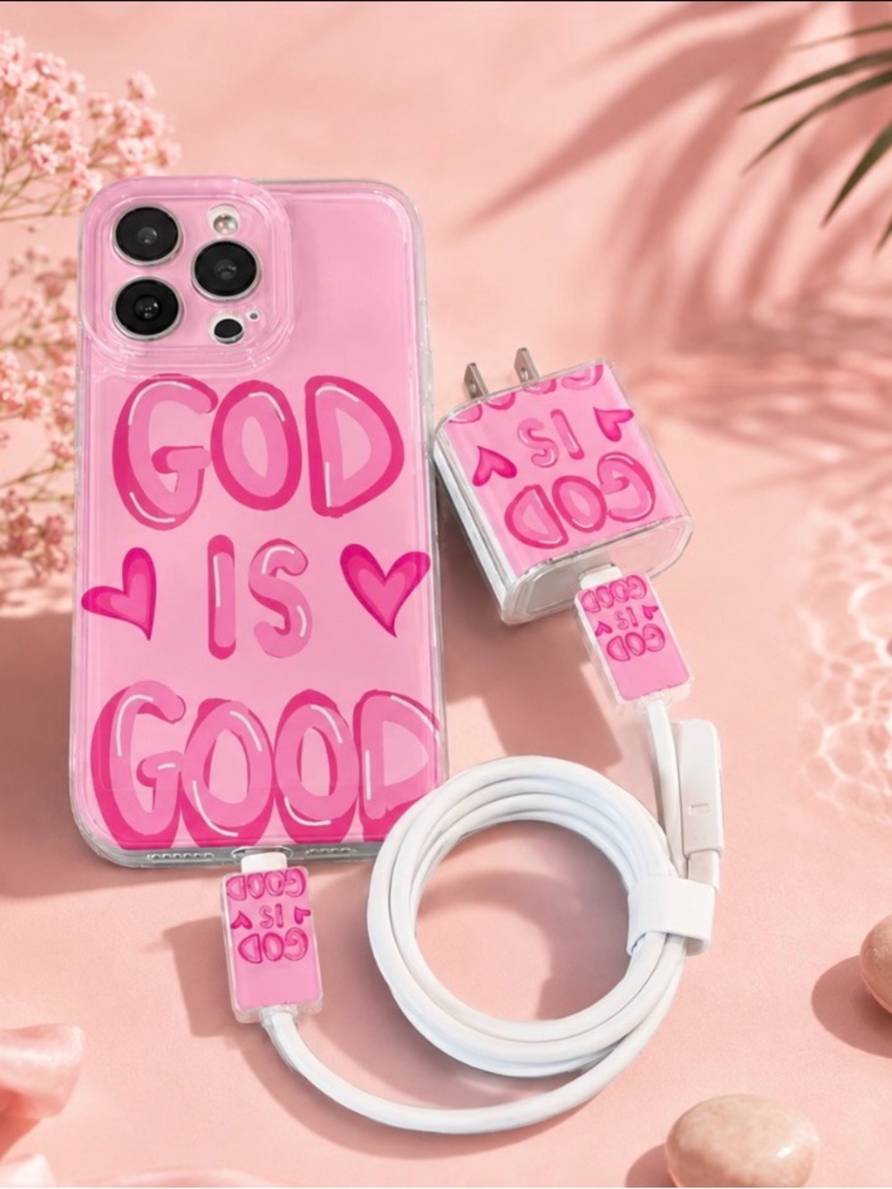 Pink 'God Is Good' Phone Case & Charger Set - Unbranded